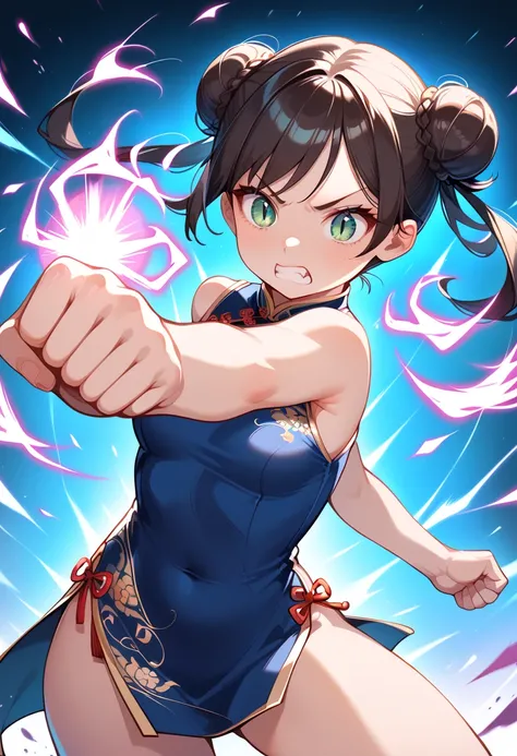 ((masterpiece, best quality, ultra detailed, high resolution, detailed facial description)), (solo, 1 girl), (cheongsam clothing), (hair rings, double bun), (tsurime:1.3, slit pupils), (fighting stance, punching, throw a series of punches), (Aura, Wearing ...