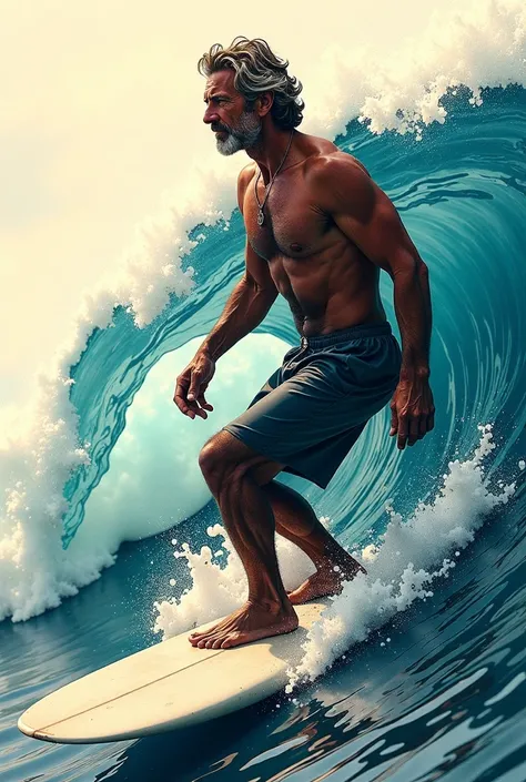 A stunning detailed image with the theme of visual identity, a logo using creative writing with an adult male surfer, impressionistic, pencil, digital, sketchy, chiaroscuro, caricature