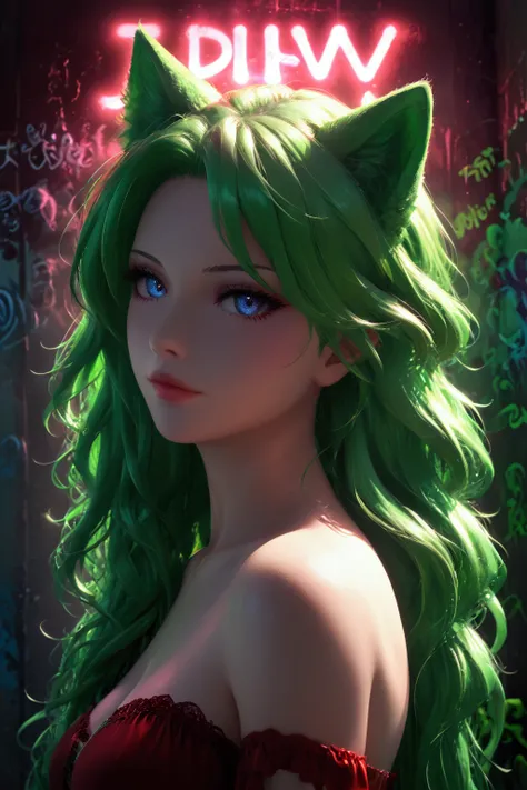 a woman with green hair and wolf ears is posing, seductive girl, anime. soft lighting, beautiful woman with Arcane Jinx style, the wall is painted in red neon. A girl with long hair, beautiful green haired girl, ultra hd anime wallpaper, bright hair, night...