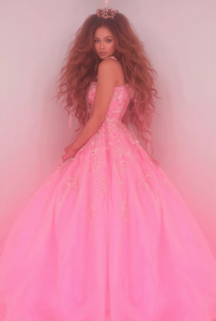 Beyoncé brunette like Glinda in a pink dress