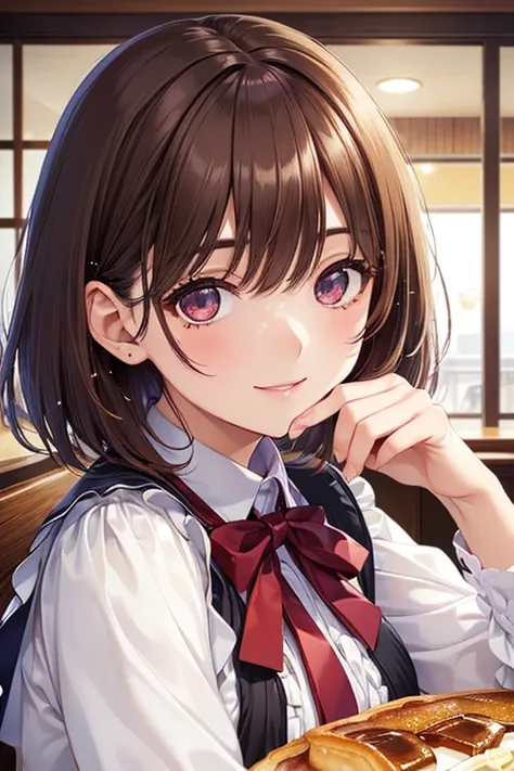 anegasaki nene、 shiny maroon hair,  short hair, ( brown pretty eyes 、 sparkling eyes , Fine grain)、smile、 super detailed eyes、 very detailed face,  very detailed eyes,cowboy shot、   1 girl,




   1 girl, top quality、   ((Table with breakfast、Breakfast))ma...