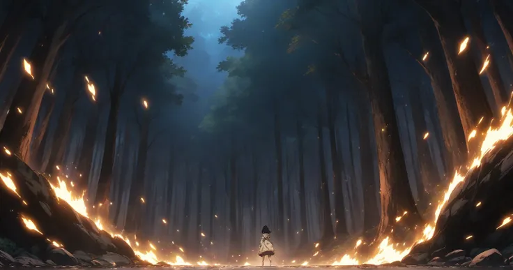 Night Forest　 Girl with Long Black Hair　Tattered and dirty clothes sparks　key visual　anime　 anime keyvisual, wide shot, front view, from below,