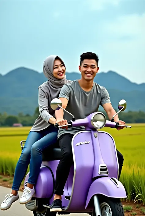 A photo of a handsome Asian man with short, neatly combed hair wearing a grey t-shirt and black jeans. with a beautiful asian woman with a hijab, She is wearing a grey sweater, a pair of jeans, and sneakers. The man and woman are riding a classic 80s purpl...