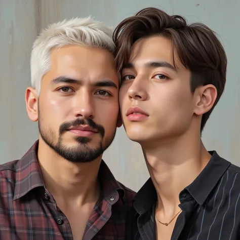 create a picture of 2 guys 1 has short white hair and a short dark beard he is 24 years old. And the other is 20 years old and has brown short hair