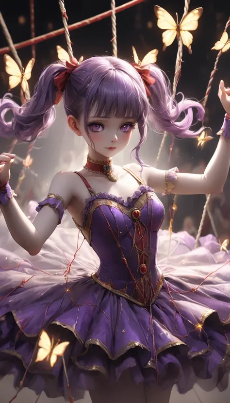 high definition , masterpiece, 解剖学的にAccurate , Accurate, top quality, high definition model, high detail, Curled purple hair in great detail, Ultra- high definition , textured skin, 1 circus woman, Bare shoulders、    clavicle    、purple Curly Hair in pigta...