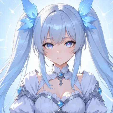 anime girl with silver color long twin tail hair, eye color light blue, cute, 4k, cheerful, fantasy, warrior, fist pump