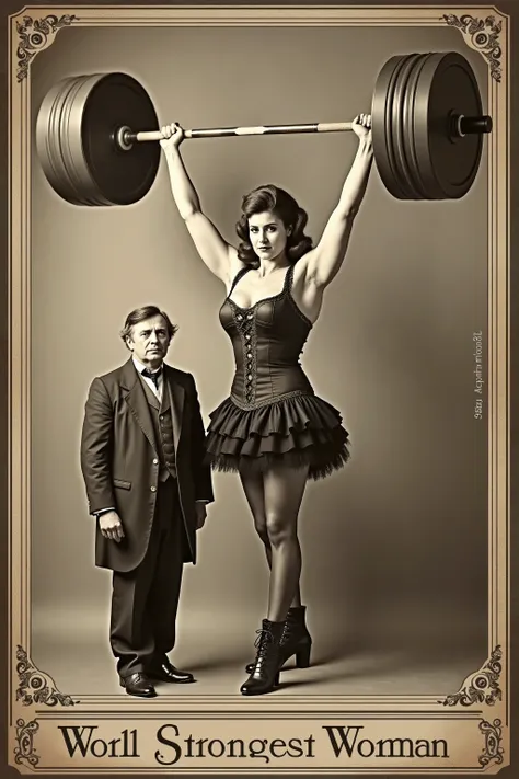 old picture, ornaments bordering, in vintage font "Worl Strongest Woman" at the bottom. Add film grain, vignetting. Poster of victorian circus, freak show, sepia. 1girl, tallest and strongest woman in the world. beautiful muscular and tall woman standing b...