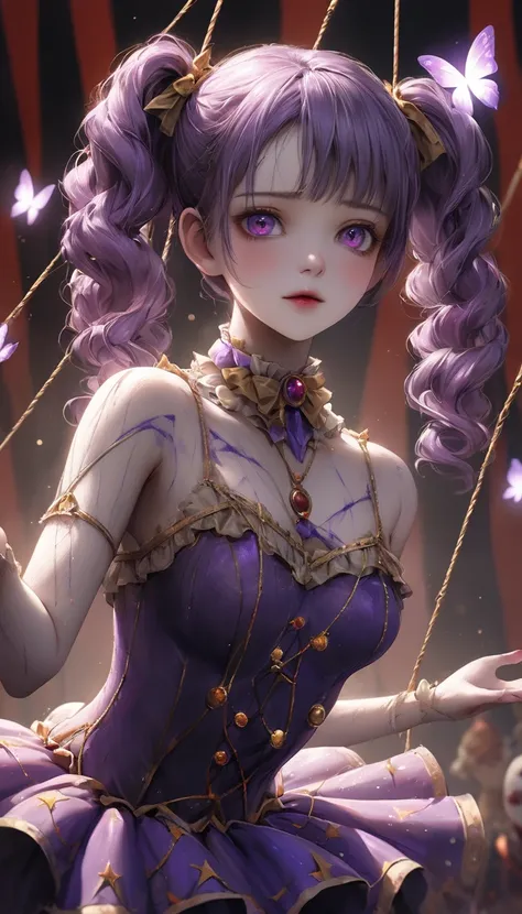 high definition , masterpiece, 解剖学的にAccurate , Accurate, top quality, high definition model, high detail, Curled purple hair in great detail, Ultra- high definition , textured skin, 1 circus woman, Bare shoulders、    clavicle    、purple Curly Hair in pigta...