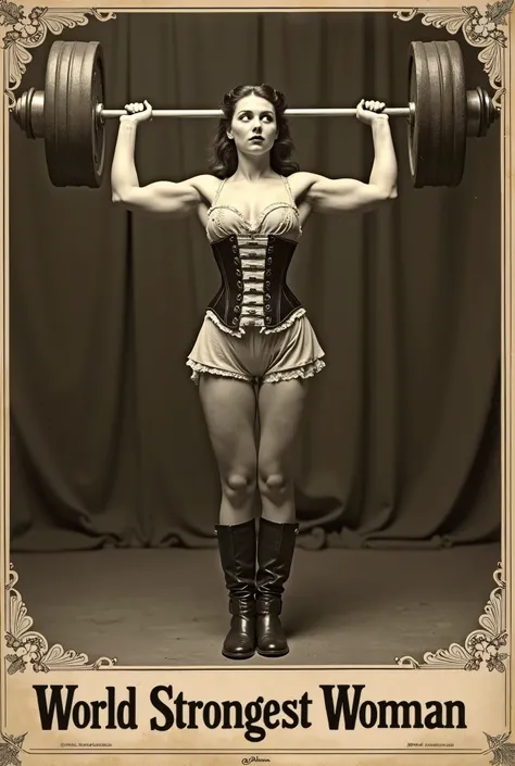 old picture with vintage text "World Strongest Woman" at the bottom, ornaments bordering, film grain, vignetting. Poster of victorian circus, in sepia. 1girl, beautiful, very muscular and tall woman looking down at a smaller 50 year old adult man. in the c...