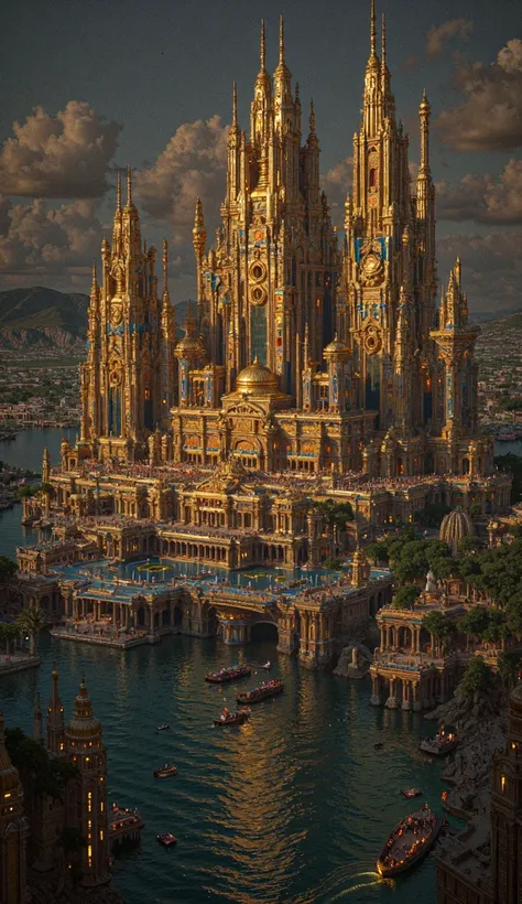 A breathtaking, floating city resting on the vast ocean, inspired by ancient Indian architecture and huge statues of Indian deities and seamlessly blending modern engineering with timeless design. The city features towering gopurams adorned with intricate ...