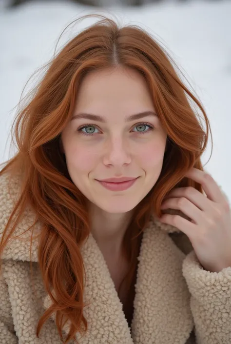 8k, RAW photography of Madelaine Petsch, full body shot, shot taken from far of a beautiful redhaired woman, professional photography of a redhead model, The model is posing in a snow, wearing beige fur coat, Hair braided into a braid, belgium mountain ski...