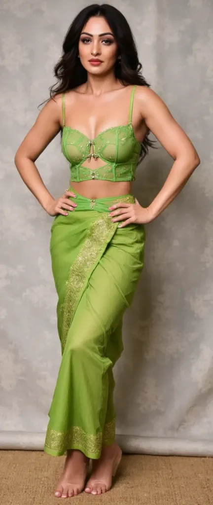 Indian sexy WOMEN WEARING saree , ancient sex goddess , perfect figure , showing her round belly button , sexy deep navel , curvy waist , thick legs , slutty makeup , dark eyeliner , HOT red lips , long hairs , earrings , shinny ornaments , necklace , 8k r...