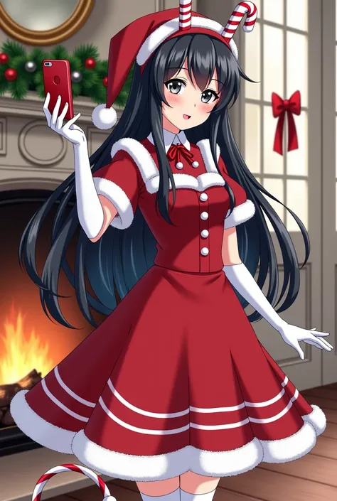  a woman with long black hair with white highlights that fall softly over her shoulders greyish eyes.  The Christmas dress is red with white details ,  inspired by candy canes . It has a tight bodice , Stripes, Decorative Buttons,  flowing skirt with tail ...