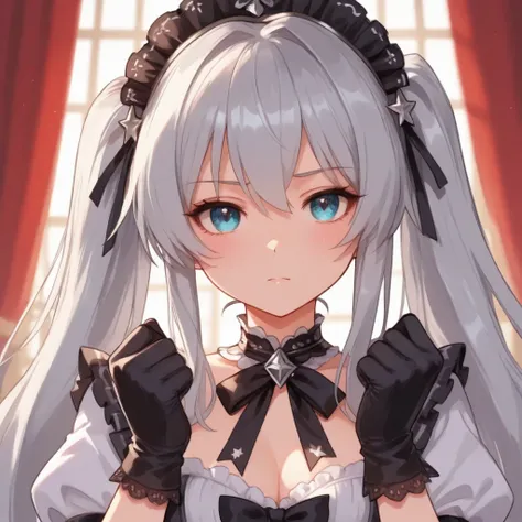  long hair and black gloves,  fist pose, Anime picture by Shi Tao ,  pixib, Neoism,  anime style to cover left eye 4 k, Anime girl with headdress and black star ribbon in her hair , top rated on  pixib,  Cute Anime Girls,  Detailed Anime Character Art ,  a...