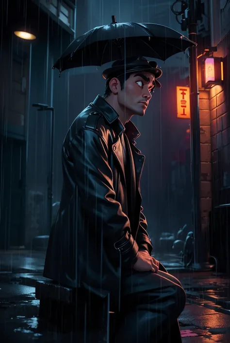 A lone panda detective in a trench coat, sitting in a rain-soaked alleyway at night, film noir style, cinematic lighting, realistic, colorful and vibrant.