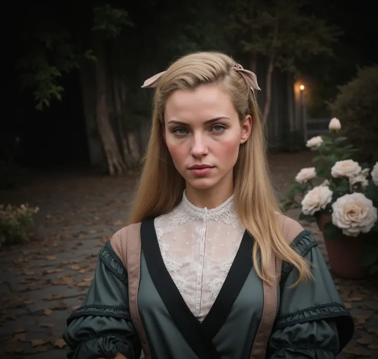 A 25-year-old blond girl with blue eyes,  with her hair half tied with a bow .  The image captures the fashion and atmosphere of the early 1900s, specifically the year 1901 , with soft lighting,  vintage aesthetic , da mesma atmostefa do jogo Red Dead Rede...