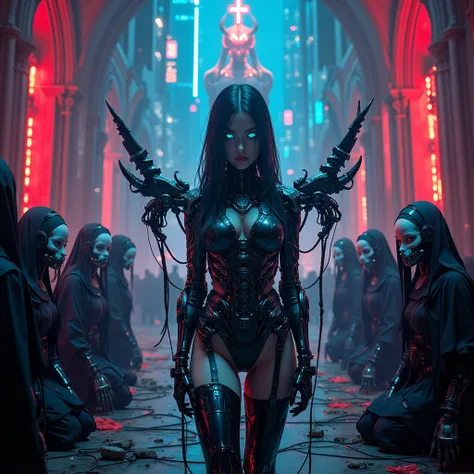 A stunning 27-year-old woman stands close to the camera in a confident pose. Her Slavic features are flawless, with high cheekbones, a sharp jawline, and pale, translucent skin that glows under neon red cyberpunk lighting. Her long hair is sleek, with turq...