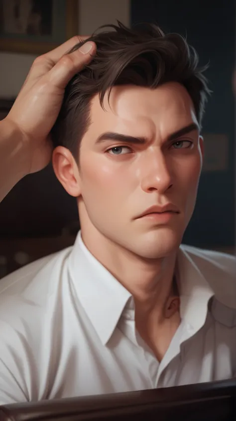 create a man frustrated his two hand on his head siting on a chair infron of him a acomputer
