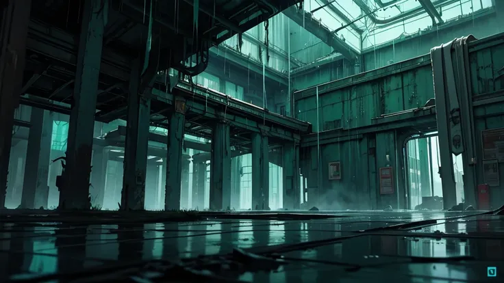 {Cyber crucible with mysterious ancient symbols in ultra light green blood on the walls}(Night) (rain) Cyberpunk flooded industrial ruins in perspective