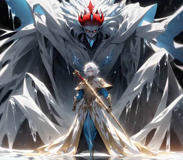 The bizarre being, the chief of the ice hell, appears with an imposing and frightening appearance. He is a very tall and thin being, who has white hair and wears a bright red crown on his head, red eyes, and golden clothing. He threatens the magnificent be...