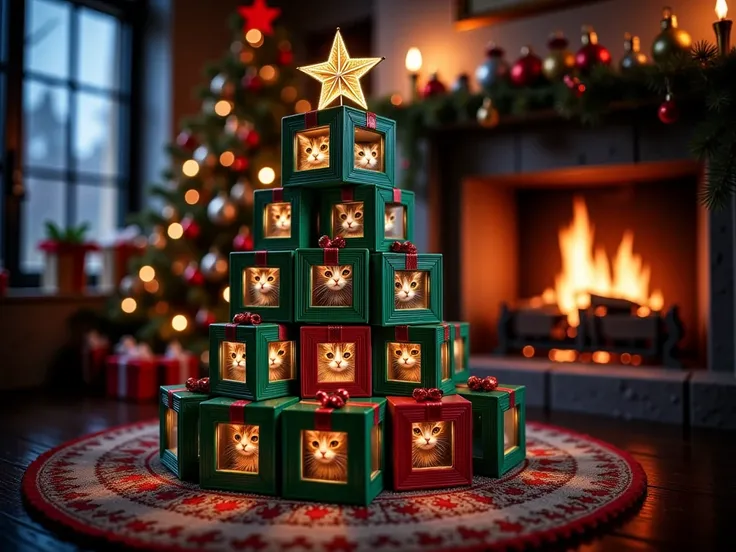 A cozy room with a fireplace in the background. A Christmas tree made of 21 green antique wooden square boxes is in the foreground. Each box contains a cat. A golden star decoration is on top of the tree. The room has a wooden floor and a rug. There are de...