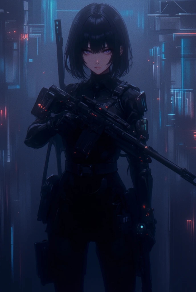  Ghost in The Shell style cartoon 2015 , Selene from Night Angels ,  police lady with tight black blouse and skirt , Shooting with a futuristic-looking shotgun, soft dark colors 