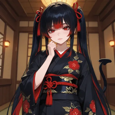 anime girl with black color long twin tail hair, eye color black, cute, 4K, cheerful, fantasy,  kimono, Japanese Clothes, Luxurious and gorgeous