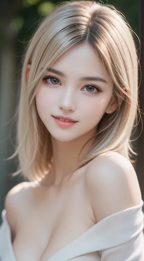 1 female, (Ultra Practical, high resolution), (Very detailed eyes, Highly detailed hair, Highly detailed face, Plump lips with rich details), (off shoulder with open breast), breast, Upper Body, Find a smile, Silver-blonde hair, (best quality:1.4), RAW pho...