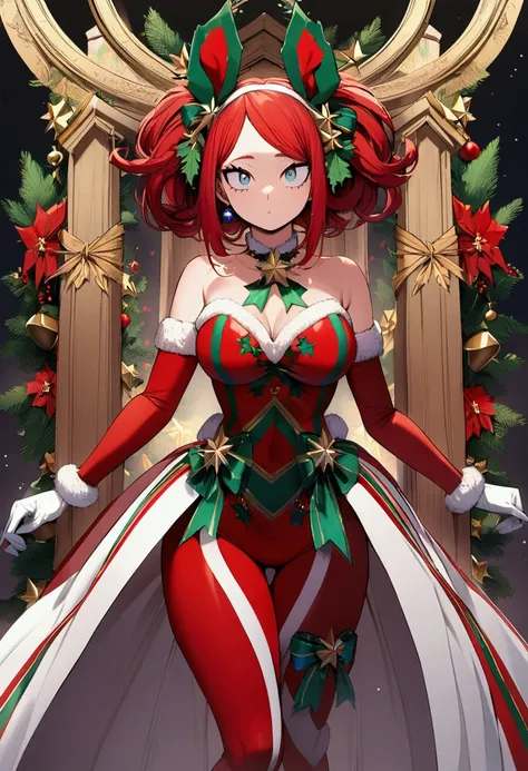 Girl with long red hair, turquoise eyes, hourglass body, my hero academia, wearing a Christmas costume