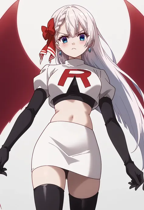 Riselia,1girl,solo,earrings,long hair,blue eyes,bow,hair bow,braid,cowboy shot,,red wings,looking at viewer,blush,team rocket,team rocket uniform,white skirt,red letter R,crop top,black thigh-highs,black elbow gloves