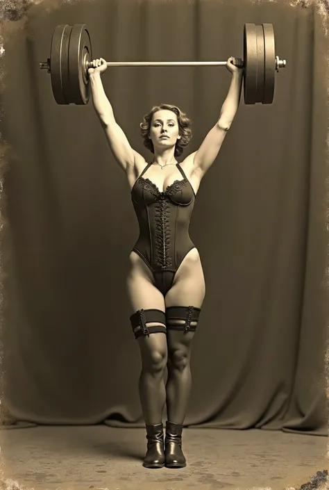 old picture, film grain, Poster of victorian circus, freak show, sepia. 1girl, tallest and strongest woman in the world. vintage stockings with garter, beautiful muscular woman. big breast, cleavage,  standing center of circus stage. She is lifting overhea...