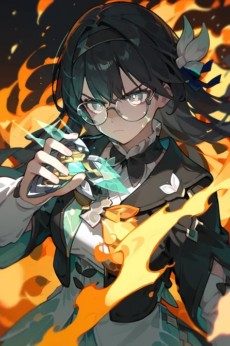 (score_9, score_8_up, score_7_up), 1girl, fireflyhsr, black hair, eyes glasses, black eyes, hairband, holding henshin device, henshin, veins, closed mouth, looking serious, glowing, fire, 