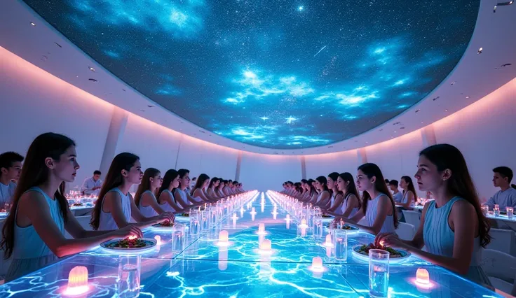 A vast futuristic dining hall with a crystalline ceiling projecting a hyper-realistic starry sky, complete with dynamic meteor showers. Floating holographic candles illuminate the space, while the long tables are made of transparent material displaying swi...