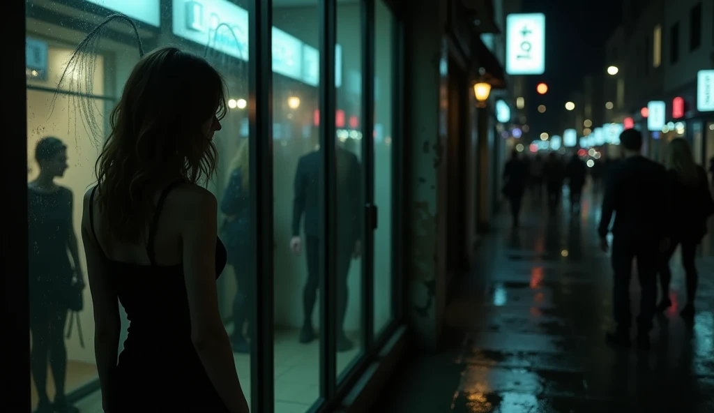 Night, realistic, first-person perspective,  looking at a shopping window reflecting her fragile silhouette. In the glass, alongside her reflection, a haunting shadowy dark man figure with faint wings appears, The wet pavement reflects the vibrant signs ab...