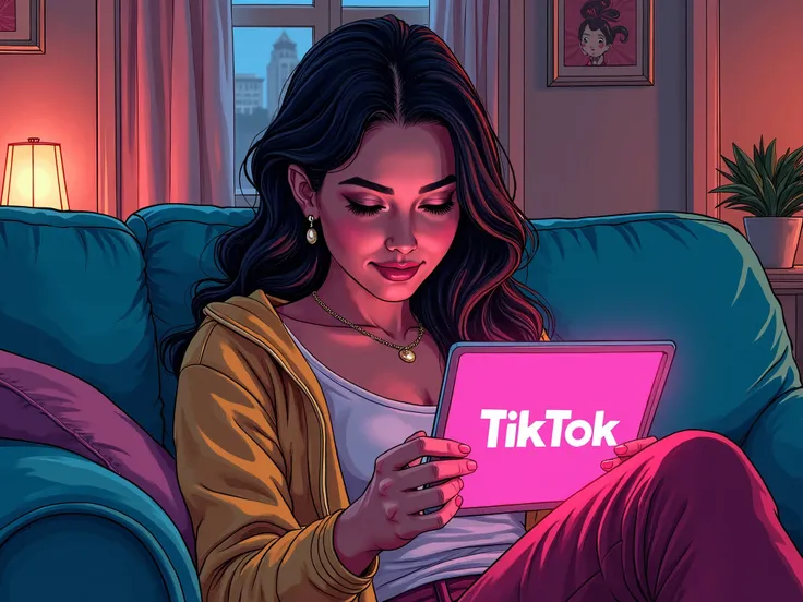 comic book art woman at home on the couch with a glowing tablet with TikTok 