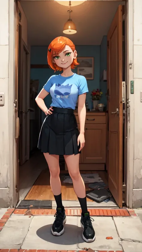 1 girl,(solo), (masterpiece:1.2), (high quality:1.0),looking at viewer, (ultra detailed),smile,short orange hair, green eyes, Gwen Tennyson, blue and white sweet shirt cat logo,black skirt,black transparent legging, (front view) medium body,full body view,...