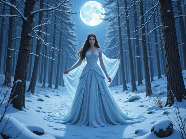 Deep within the frozen forest, the Enchanted Winter Queen reigns supreme. Her icy crown glistens under the pale moonlight, while her frosted gown flows like whispers of snow. Shrouded in mystery, she commands the loyalty of shadowy creatures that lurk in t...