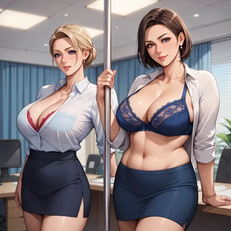 ((thick body mature female Anime women age 40 alien milf super model )) stage, 2women dancing pole, skirt panties, office, lace briefs panties, floating skirt, expose bra, close up upper body
