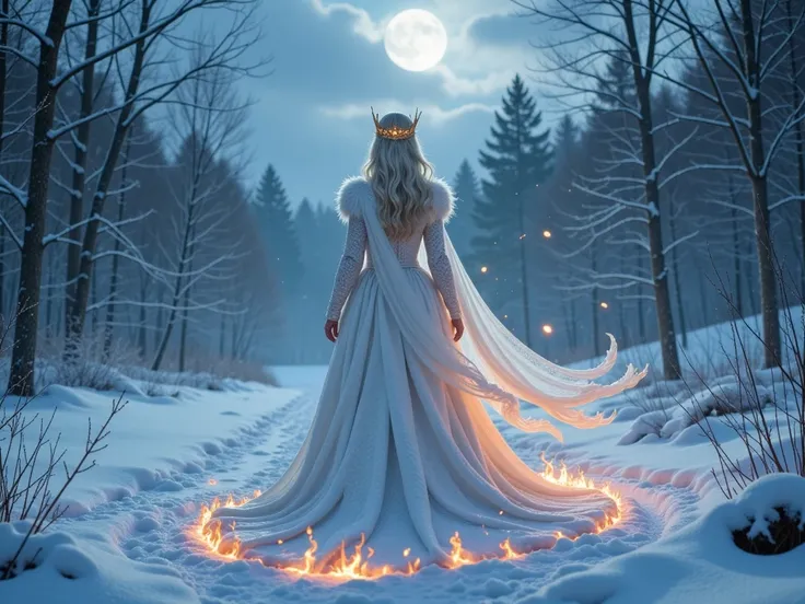 Amidst an endless sea of frost and silence, she emerges—the Enchanted Winter Queen, wreathed in an aura of icy fire.

Her crown glimmers like frozen embers under the pale moon, each shard a spark of untamed power. Her gown, flowing like smoke from smothere...