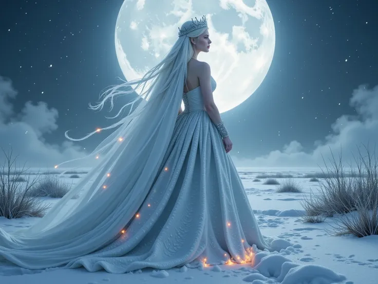 Amidst an endless sea of frost and silence, she emerges—the Enchanted Winter Queen, wreathed in an aura of icy fire.

Her crown glimmers like frozen embers under the pale moon, each shard a spark of untamed power. Her gown, flowing like smoke from smothere...