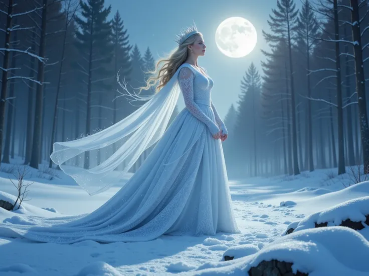 Amidst an endless sea of frost and silence, she emerges—the Enchanted Winter Queen, wreathed in an aura of icy fire.

Her crown glimmers like frozen embers under the pale moon, each shard a spark of untamed power. Her gown, flowing like smoke from smothere...