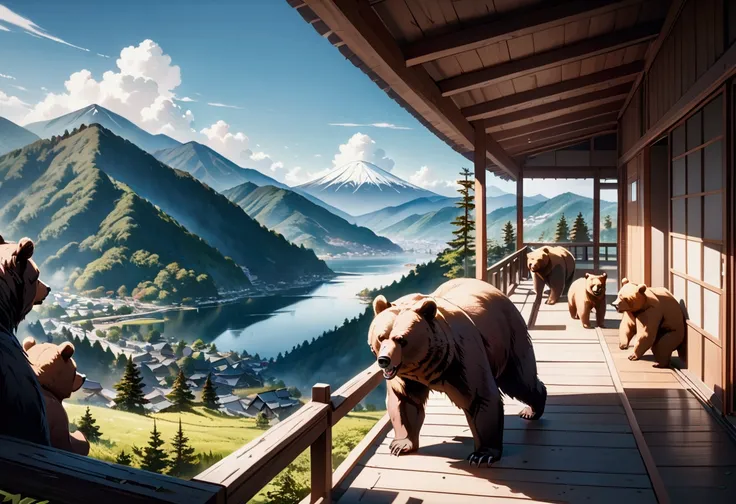 (masterpiece),  best quality, background, Modern Japan, Scenery in the mountains ,(( lots of vicious bears )), groups of bears are attacking, Nice clear day , 2.5D, AI generated,