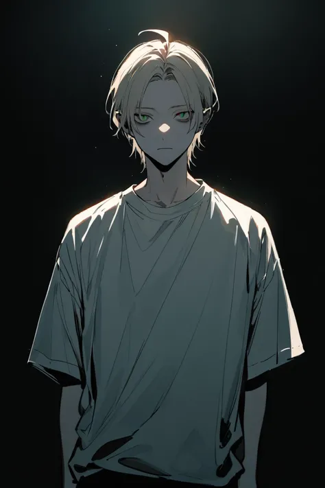 1boy, solo, bishounen, mature, male focus, portrait, straight-on, standing, looking at viewer, expressionless,platinum blonde hair, (very short hair:1.2) {parted hair, long parted bangs, no bangs,, forehead:1.5} ahoge, BREAK {slit pupils, green eyes, (bags...