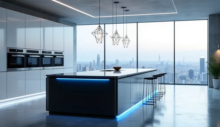 A futuristic kitchen with sleek white cabinets, a glossy black island, and under-cabinet LED lighting in soft blue. Stainless steel appliances are seamlessly integrated into the walls, and the floor is polished concrete. A large window offers a cityscape v...