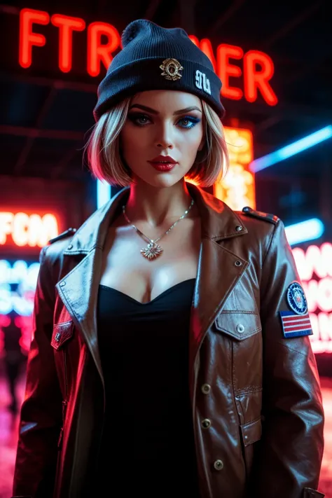 Увеличенное лиhо,  alternative girl , смотрящая через черные солнhезащитные очки, jacket, necklace,  reflections of neon light on the skin, Sergeant, makeup,  Skin imperfections,  short hair, beanie hat, neon lights , weak light,  Depth of field , высокая ...