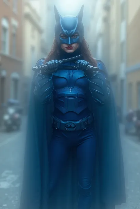 A person wearing a blue costume and Batman ,  standing on a city street .  Shes holding two weapons and posing for the camera .  The person is wearing a black belt and seems to be in a fighting position.  The persons costume is visible , And shes ready for...