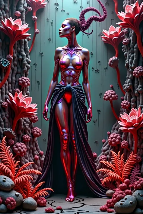 A captivating and textured painting portrays a futuristic demoness in a garden of sensual relief. The demoness, an awe-inspiring futuristic figure, has a body composed of shimmering metallic surfaces interwoven with delicate, moving lines that resemble ele...