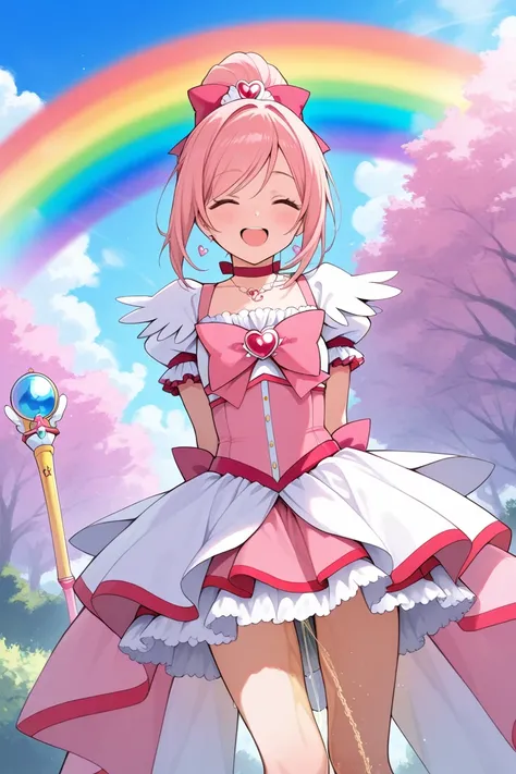 kousaka hmnoka,necklace, magical girl, rainbow, hearts, happy,arms behind back,peeing,Masterpiece,