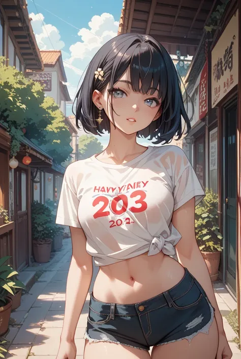 Anime girl 20 year old in a loose t-shirt and short shorts body hourglass medium chest thick hips very tight waist dark hair