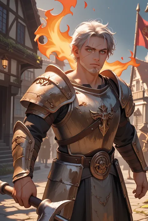 man, messy silver hair, velvet eyes, scar left eye, facial hair, toned body, old rusty armor, halberd, menacing stance, menacing aura, Anatomically Correct, Best Quality, High Details, Masterpiece, Cinematic Lighting, village, dark flames user